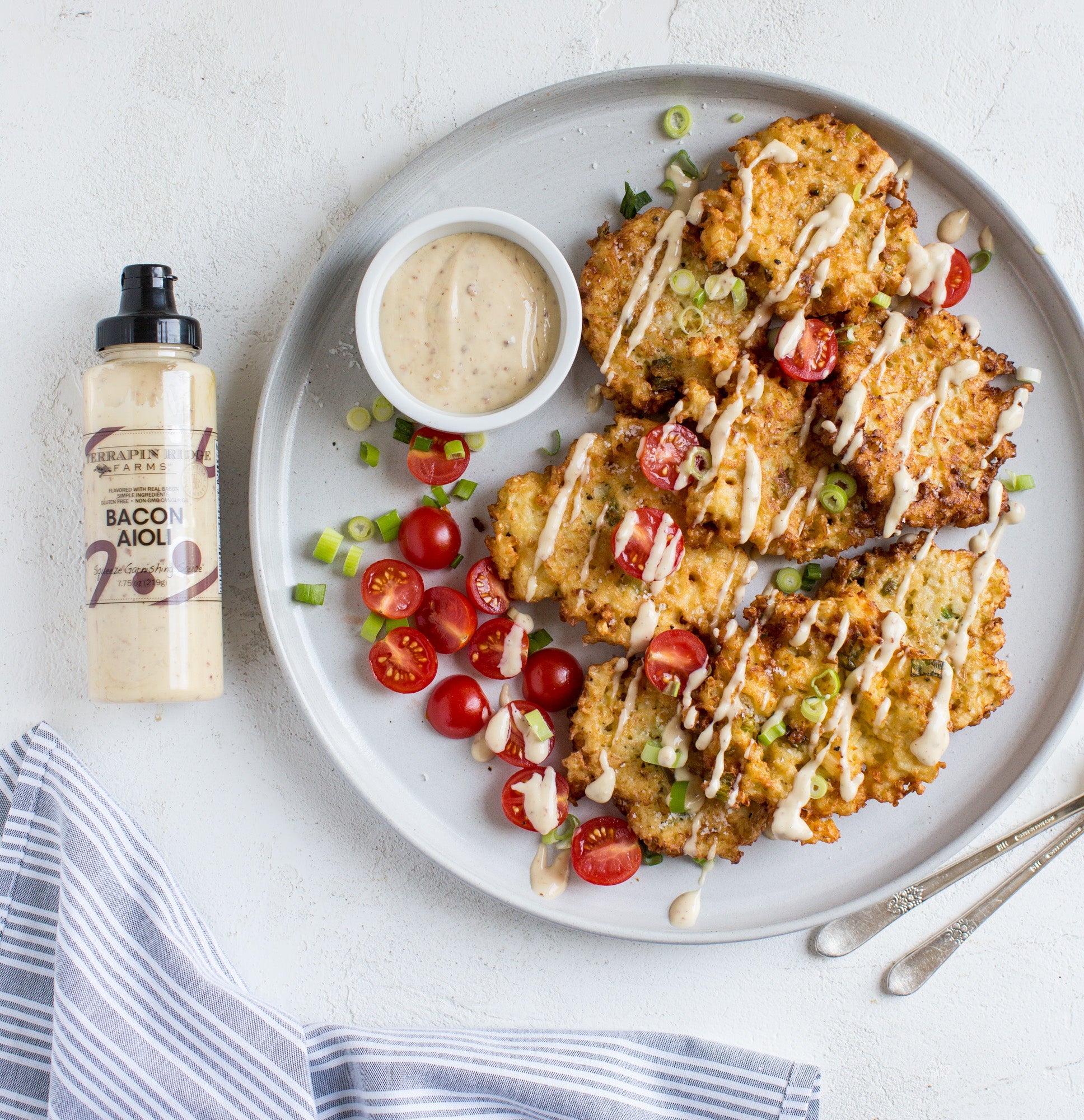 Healthy Cauliflower Fritters with Terrapin Ridge Farms Bacon Aioli Squeeze Healthy Cauliflower Fritters with Terrapin Ridge Farms Bacon Aioli Squeeze